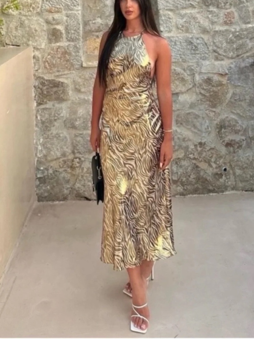 ZARA Metallic Gold Foil Zebra Animal Print Midi Halter Dress NWOT